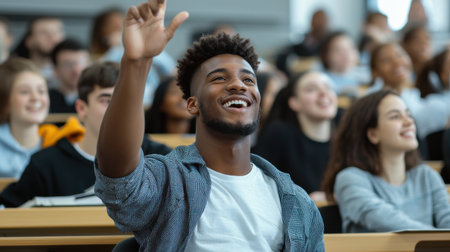 A man with a smile on his face is raising his hand in the air. The image captures a moment of excitement and enthusiasm, possibly during a lecture or a presentationの素材