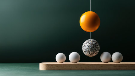 A wooden board with a green background and a hanging orange ball. The board has four white balls on itの素材