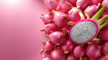 A close up of a bunch of red dragon fruit with a single fruit in the middle. The fruit is surrounded by other fruits and the background is pinkの素材