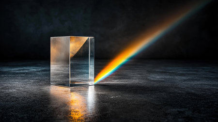 A cube is reflected in a mirror, and a rainbow is visible in the reflection. Concept of wonder and magic, as the rainbow appears to be floating in the air, seemingly defying gravityの素材