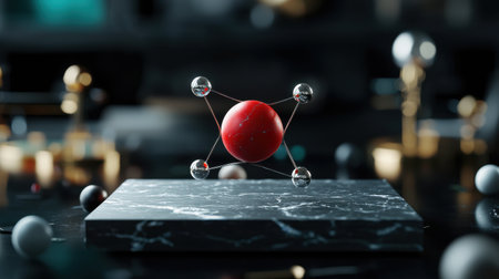 A red ball is suspended in the air above a black marble slab. The image is abstract and surreal, with a sense of weightlessness and movement. The red ball appears to be floating above the marble slabの素材