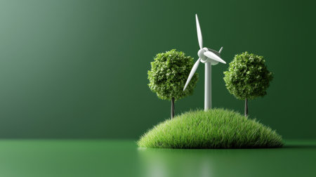 A wind turbine is surrounded by trees on a green hill. Concept of harmony between nature and technology, as the wind turbine harnesses the power of the wind to generate clean energyの素材