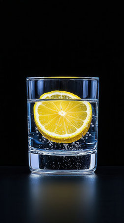 A glass of water with a slice of lemon in it. The glass is half full and the lemon slice is floating on top of the waterの素材