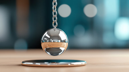 A silver ball is suspended in midair on a wooden table. The scene is calm and serene, with the ball floating above the tableの素材