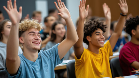 A group of young people are sitting in a classroom and raising their hands in the air. Scene is one of excitement and enthusiasm, as if they are all participating in a fun activity or eventの素材