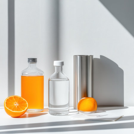 A bottle of orange juice and a bottle of water are placed on a table. A glass of orange juice is also present on the table. The scene conveys a healthy and refreshing atmosphere, with the orange juiceの素材