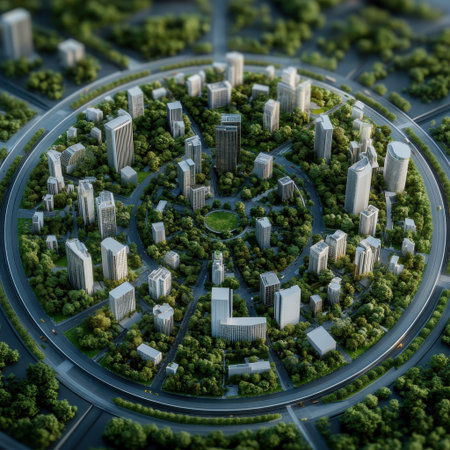 A city is shown in a round shape with many buildings and trees. The city is surrounded by a circular road and has a park in the middle. The buildings are tall and the trees are greenの素材