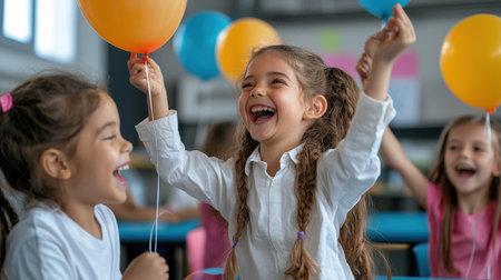 A group of young girls are holding balloons and laughing. Scene is joyful and playfulの素材