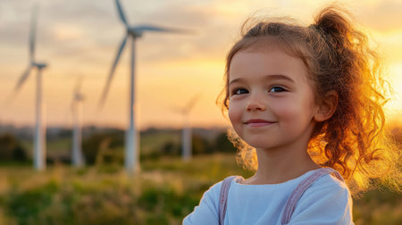 A young girl with curly hair is smiling in front of a field of wind turbines. Concept of hope and progress, as the girl represents the future of renewable energyの素材