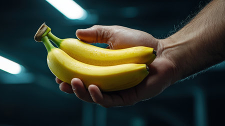 A hand holding two bananas. The bananas are yellow and appear to be ripe. Concept of freshness and abundance, as the bananas are a healthy and nutritious snackの素材