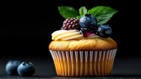 A cupcake with blueberries and mint leaves on top. The cupcake is sitting on a black backgroundの素材