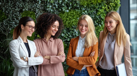 Four women are standing together, smiling and posing for a photo. They are all dressed in business attire, with one woman holding a book. Scene is cheerful and professionalの素材