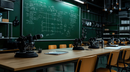 A classroom with a green chalkboard and a group of students working on a project. Scene is focused and studiousの素材