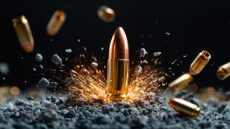 A bullet is surrounded by a cloud of debris, including other bullets. The scene is chaotic and violent, with the bullet being the center of attentionの素材
