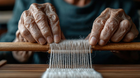 An elderly woman is knitting a scarf with a wooden stick. Concept of warmth and comfort, as the woman is engaged in a traditional craft that has been passed down through generationsの素材