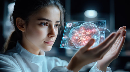 A woman is holding a screen that shows a brain. Concept of curiosity and fascination with the human brain and its workingsの素材
