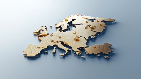 A map of Europe is made of gold and has a shiny, reflective surface. The map is very detailed and has many small dots scattered throughout it. The map is a representation of the European continentの素材