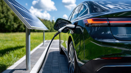 A black car is being charged by a solar panel. The car is parked next to a solar panelの素材