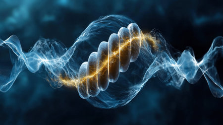 A blue and orange spiral with a blue background. The spiral is made up of small circles and is surrounded by a blue waveの素材