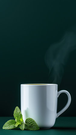 A white coffee cup with a green leaf on top. The cup is filled with steam and the leaf is on the side of the cupの素材