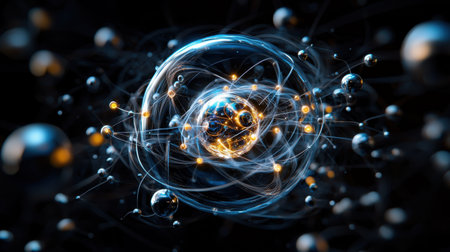 A sphere of glowing spheres with a black background. The sphere is surrounded by a network of smaller spheres, some of which are glowing. Concept of wonder and curiosity about the universeの素材