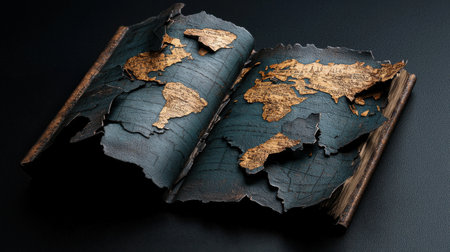 A book with a map of the world on it. The map is torn and the book is open to a page with a large section of the map missingの素材
