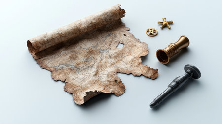 A map is on a table with a compass and a key. The map is old and worn, and the compass and key are shiny and metallic. The scene suggests a sense of adventure and exploration, as the mapの素材
