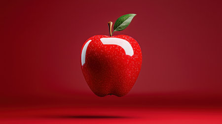 A red apple with a green leaf on top. The apple is floating in the air and he is shinyの素材