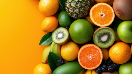 A colorful assortment of fruits including oranges, kiwis, bananas, and blackberries. Concept of abundance and freshness, with the vibrant colors of the fruits creating a lively and inviting atmosphereの素材