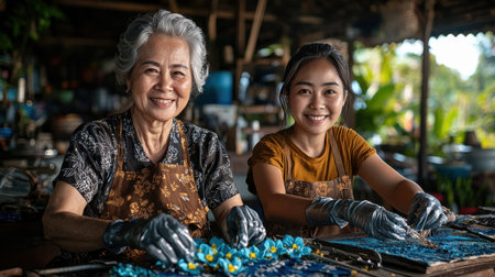 Two women are smiling and working together in a kitchen. One of them is wearing an apronの素材