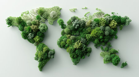 A map of the world made of green plants. The map is made of many different types of plants, including trees and bushes. The plants are arranged in a way that creates a sense of depth and dimensionの素材