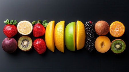 A row of fruit slices, including oranges, kiwis, and strawberries, are arranged on a black backgroundの素材