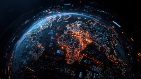 A globe with a blue background and orange and red lights on it. The globe is lit up and it looks like a computer generated imageの素材