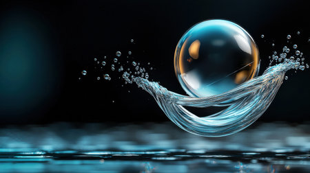 A clear sphere is floating on top of a wave of water. The water is dark blue and the sphere is almost completely submergedの素材