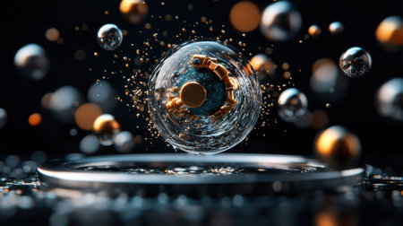 A sphere of gold and silver balls is floating in a pool of water. The sphere is surrounded by a cloud of smaller balls, creating a sense of chaos and movement. The image evokes a feeling of energyの素材