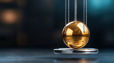 A gold ball is suspended from a chain. The chain is hanging from a ceilingの素材
