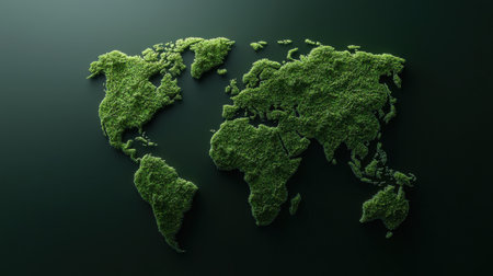 A green map of the world with trees growing on it. The map is on a dark backgroundの素材