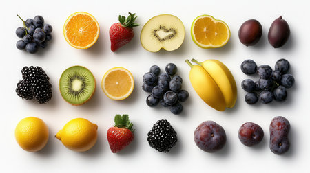 A row of fruits including bananas, oranges, kiwis, and strawberries. Concept of abundance and varietyの素材