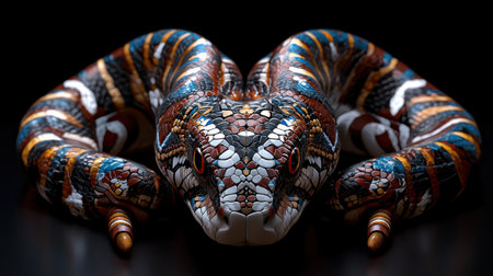 A snake with a blue and brown pattern on its body. The snake is curled up and has a red eyeの素材