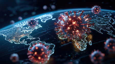 A computer generated image of a globe with a red virus on it. The globe is surrounded by a network of smaller viruses. Concept of chaos and dangerの素材