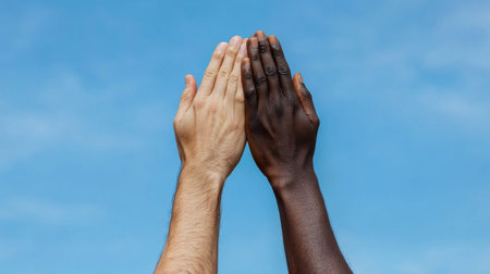 Two hands clasped together in a prayer gesture. The hands are of different colors, one is white and the other is black. The sky is blue and clearの素材