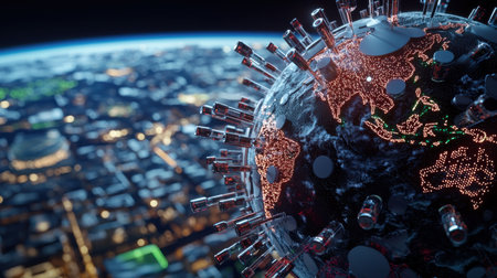 A globe with a city in the background and a red and green lighted globe on top. The globe is surrounded by a city with tall buildings and lights. Scene is futuristic and technologicalの素材
