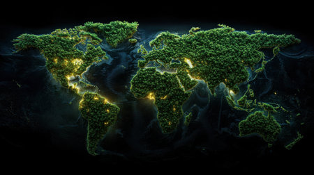 A map of the world is covered in trees and lit up at night. The idea behind this image is to show the beauty of nature and the importance of preserving it. Scene is peaceful and serene, as the treesの素材