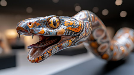A snake with a mouth open and a tongue hanging out. The snake is painted in bright colors and has a unique designの素材