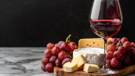A glass of red wine is poured into a wine glass next to a cheese plate and a plate of grapesの素材