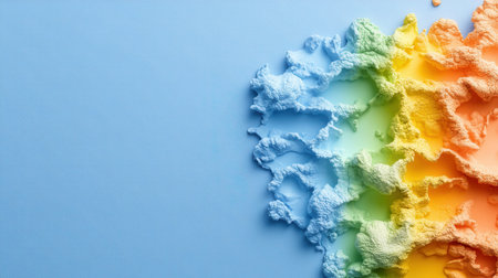 A colorful mound of sand sits on a blue background. The sand is a mix of different colors, creating a vibrant and lively scene. The blue background adds a sense of calmness and serenity to the imageの素材
