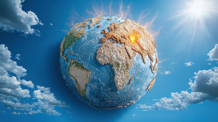 A small globe with a fire on it. The globe is surrounded by clouds and the sun is shining on itの素材