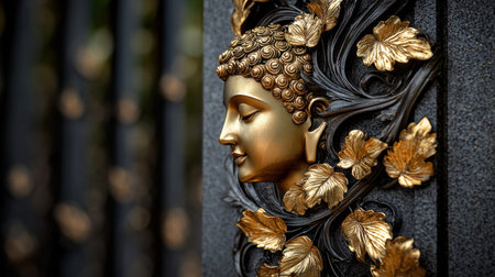 A gold leaf design of a face with a gold leaf design of a leaf on the right side.の素材