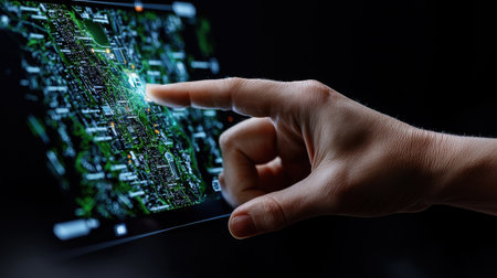 A hand is pointing at a map on a screen. The map is filled with green dots, which could represent various points of interest or data. Concept of exploration and discoveryの素材