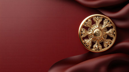 A gold and silver circle with a design on it sits on a red background. The circle is surrounded by a red clothの素材